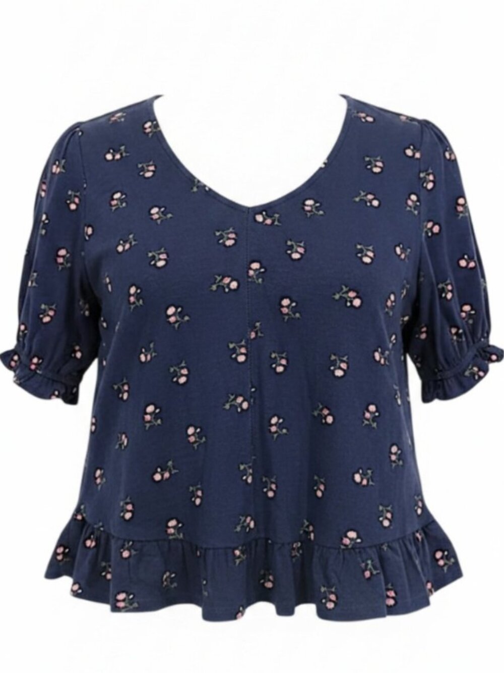 Lucky Brand Navy Floral Ruffle Peplum Top Large - Picture 2 of 7